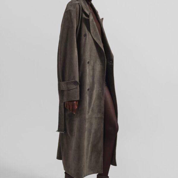 The Frankie Shop Pembroke Faux Suede Trench - Mousse - Oversized Minimalist Coats in Beige - Shop at Coveti