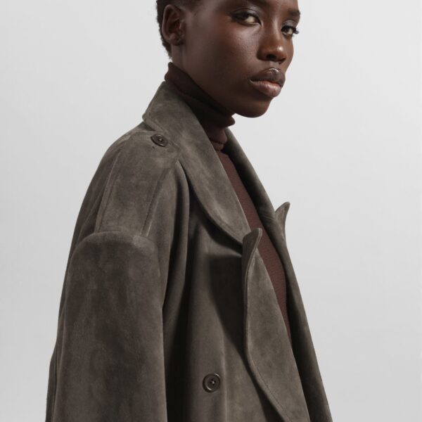 The Frankie Shop Pembroke Faux Suede Trench - Mousse - Oversized Minimalist Coats in Beige - Shop at Coveti
