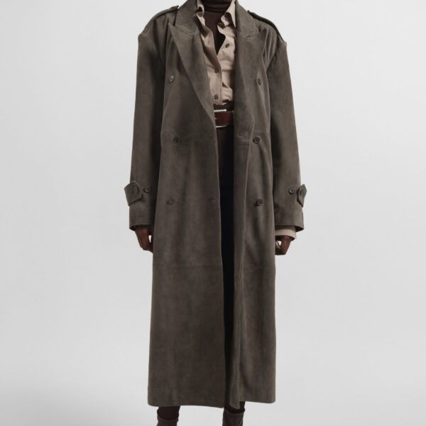 The Frankie Shop Pembroke Faux Suede Trench - Mousse - Oversized Minimalist Coats in Beige - Shop at Coveti