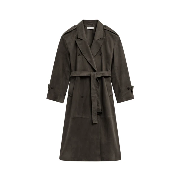 The Frankie Shop Pembroke Faux Suede Trench - Mousse - Oversized Minimalist Coats in Beige - Shop at Coveti