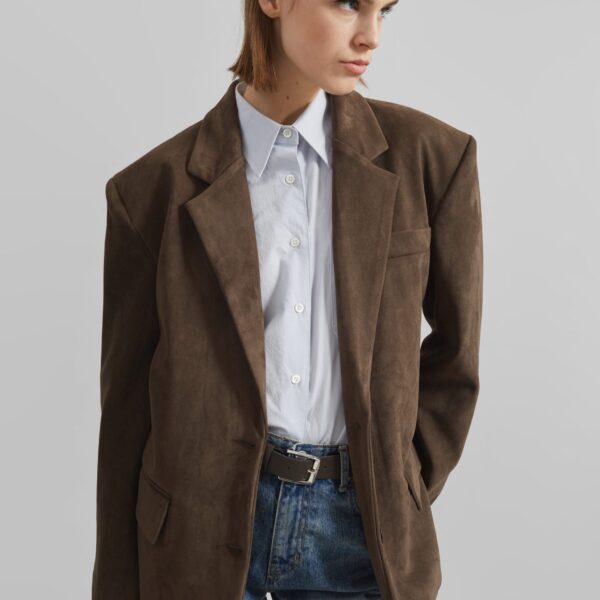 The Frankie Shop Peoria Faux Suede Blazer - Brown - Oversized Minimalist Jackets in Beige - Shop at Coveti