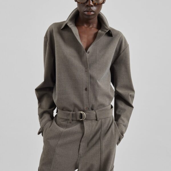 The Frankie Shop Peri Double Weave Shirt - Taupe Melange - Oversized Minimalist Tops in Beige - Shop at Coveti