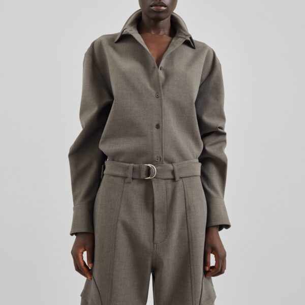 The Frankie Shop Peri Double Weave Shirt - Taupe Melange - Oversized Minimalist Tops in Beige - Shop at Coveti