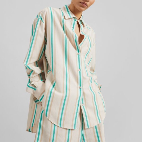 The Frankie Shop Peri Fluid Shirt - Beige Multi Stripe - Oversized Minimalist Tops in Multicolour - Shop at Coveti