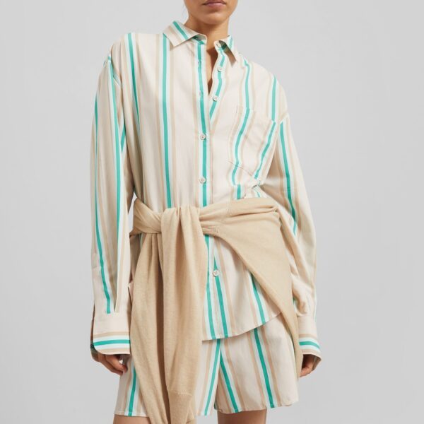 The Frankie Shop Peri Fluid Shirt - Beige Multi Stripe - Oversized Minimalist Tops in Multicolour - Shop at Coveti