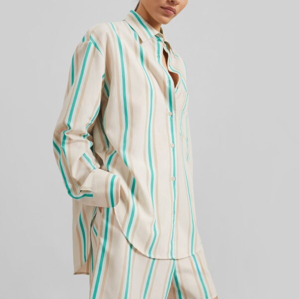The Frankie Shop Peri Fluid Shirt - Beige Multi Stripe - Oversized Minimalist Tops in Multicolour - Shop at Coveti