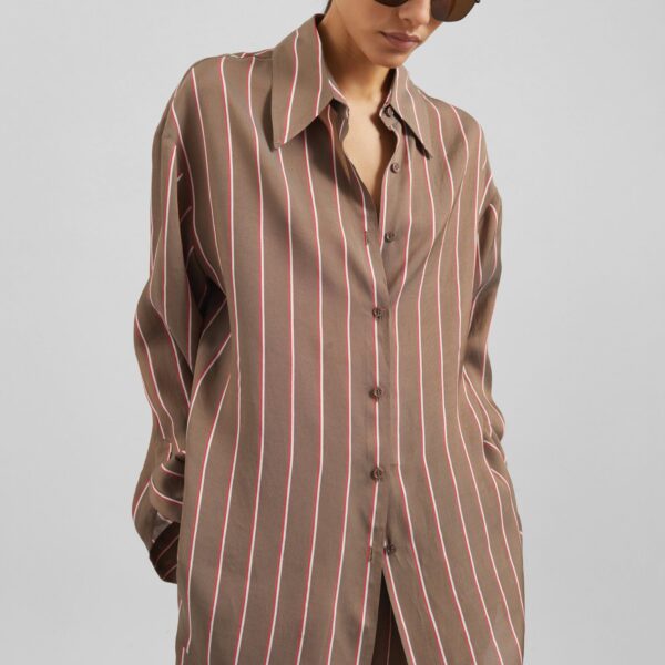 The Frankie Shop Peri Fluid Shirt - Brown Multi Stripe - Oversized Minimalist Tops in Multicolour - Shop at Coveti