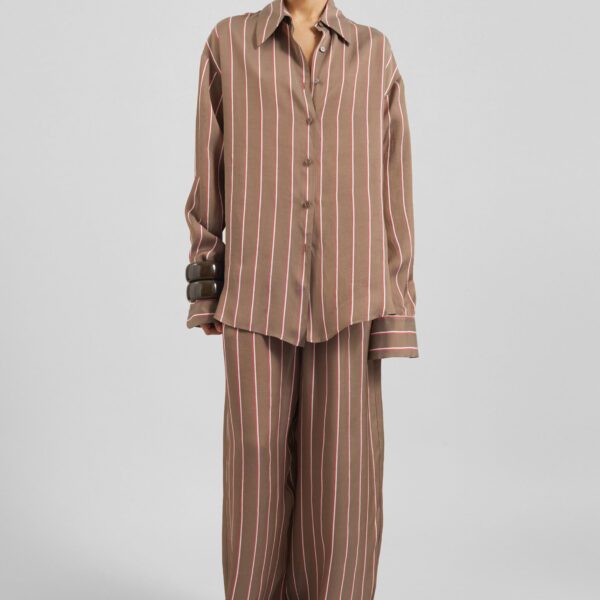The Frankie Shop Peri Fluid Shirt - Brown Multi Stripe - Oversized Minimalist Tops in Multicolour - Shop at Coveti