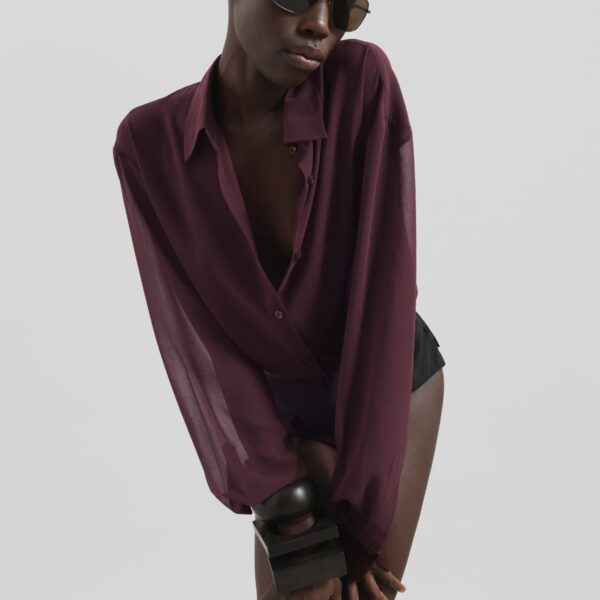 The Frankie Shop Peri Georgette Shirt - Burgundy - Oversized Minimalist Tops in Red - Shop at Coveti