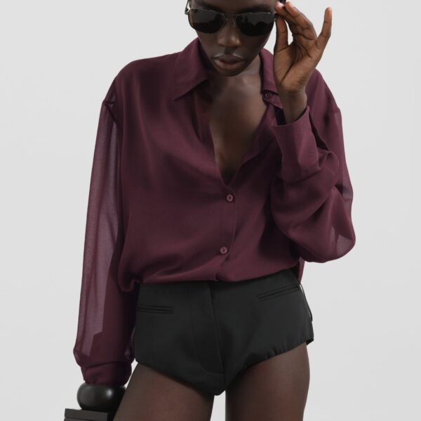 The Frankie Shop Peri Georgette Shirt - Burgundy - Oversized Minimalist Tops in Red - Shop at Coveti