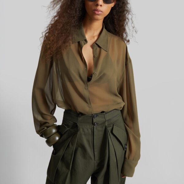 The Frankie Shop Peri Georgette Shirt - Khaki - Oversized Minimalist Tops in Green - Shop at Coveti