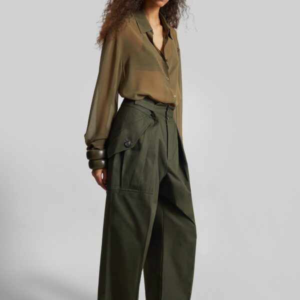 The Frankie Shop Peri Georgette Shirt - Khaki - Oversized Minimalist Tops in Green - Shop at Coveti
