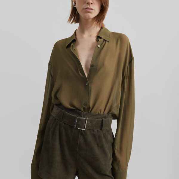 The Frankie Shop Peri Georgette Shirt - Khaki - Oversized Minimalist Tops in Green - Shop at Coveti