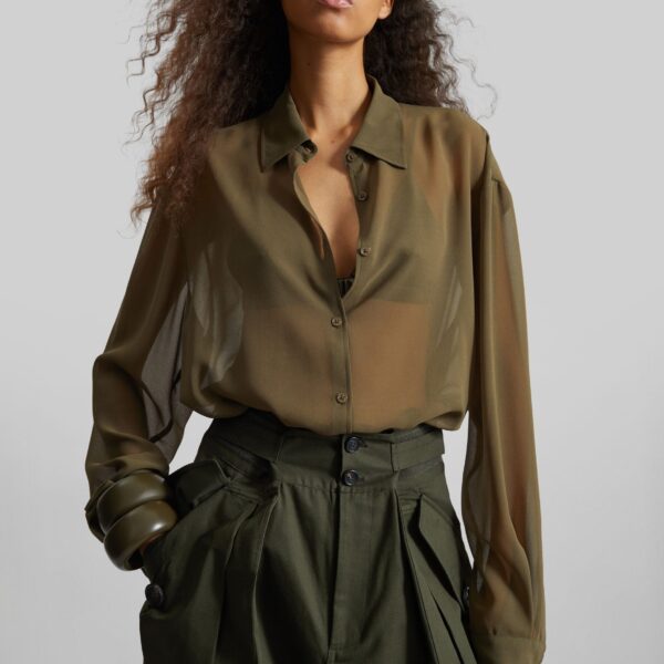 The Frankie Shop Peri Georgette Shirt - Khaki - Oversized Minimalist Tops in Green - Shop at Coveti