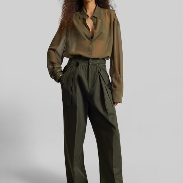 The Frankie Shop Peri Georgette Shirt - Khaki - Oversized Minimalist Tops in Green - Shop at Coveti