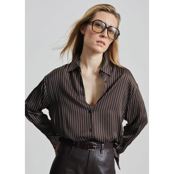 The Frankie Shop Peri Satin Fluid Shirt – Brown/White Pinstripe, view 2