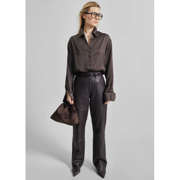 The Frankie Shop Peri Satin Fluid Shirt – Brown/White Pinstripe, view 3