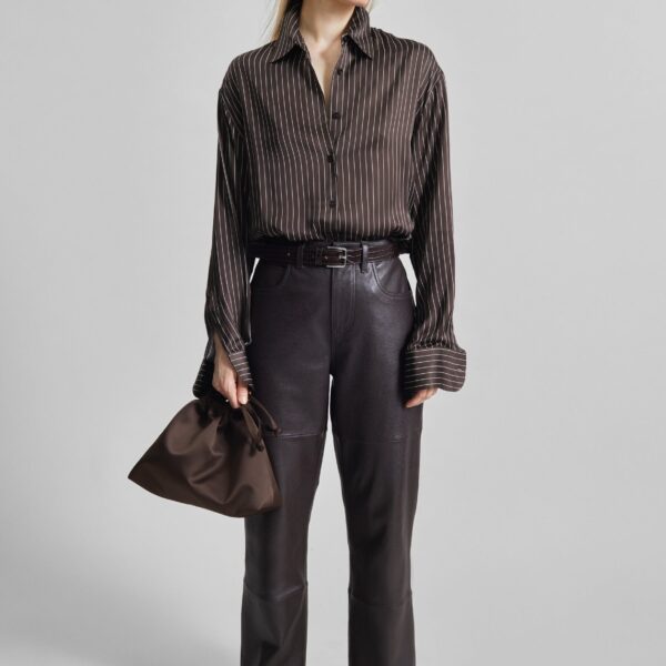 The Frankie Shop Peri Satin Fluid Shirt - Brown/White Pinstripe - Oversized Minimalist Tops in Multicolour - Shop at Coveti