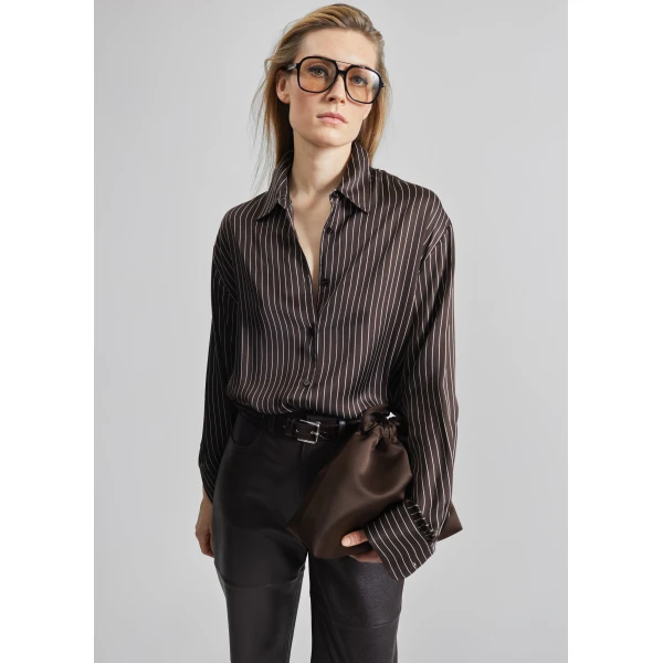 The Frankie Shop Peri Satin Fluid Shirt – Brown/White Pinstripe, view 4
