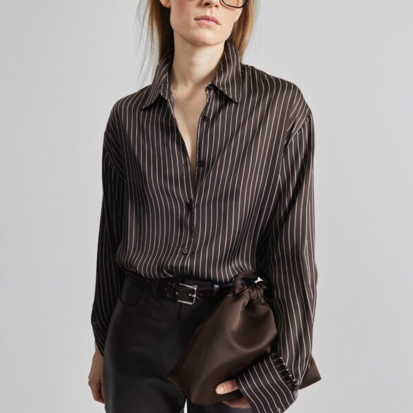 The Frankie Shop Peri Satin Fluid Shirt - Brown/White Pinstripe - Oversized Minimalist Tops in Multicolour - Shop at Coveti