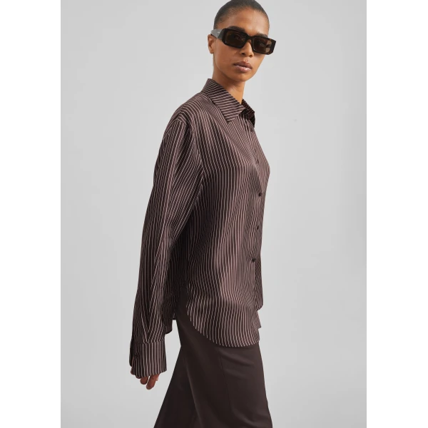 The Frankie Shop Peri Satin Fluid Shirt – Brown/White Pinstripe, view 5