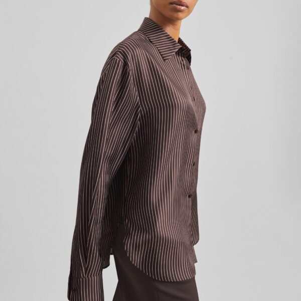The Frankie Shop Peri Satin Fluid Shirt - Brown/White Pinstripe - Oversized Minimalist Tops in Multicolour - Shop at Coveti