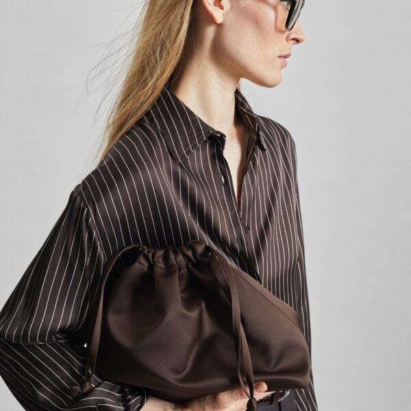 The Frankie Shop Peri Satin Fluid Shirt - Brown/White Pinstripe - Oversized Minimalist Tops in Multicolour - Shop at Coveti