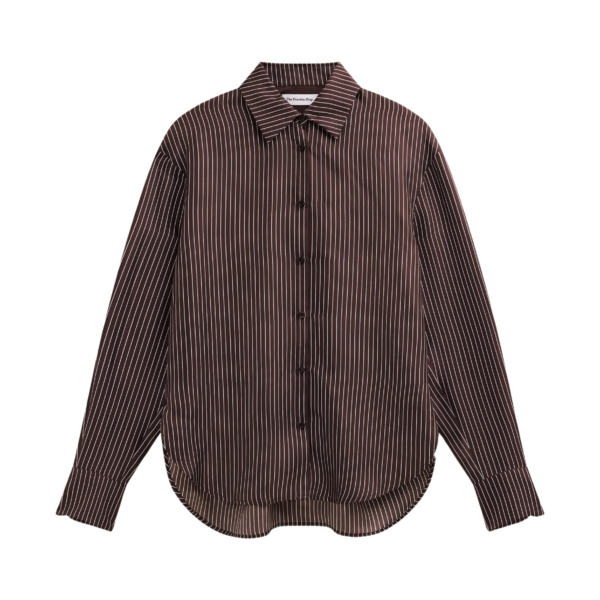 The Frankie Shop Peri Satin Fluid Shirt - Brown/White Pinstripe - Oversized Minimalist Tops in Multicolour - Shop at Coveti