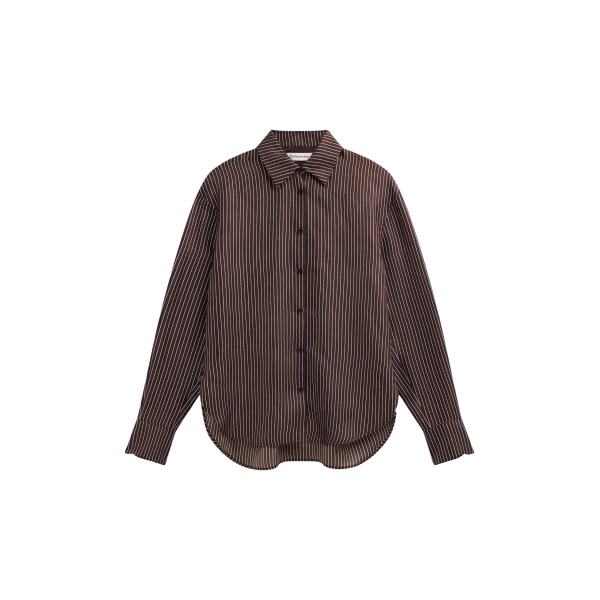 The Frankie Shop Peri Satin Fluid Shirt - Brown/White Pinstripe - Oversized Minimalist Tops in Multicolour - Shop at Coveti