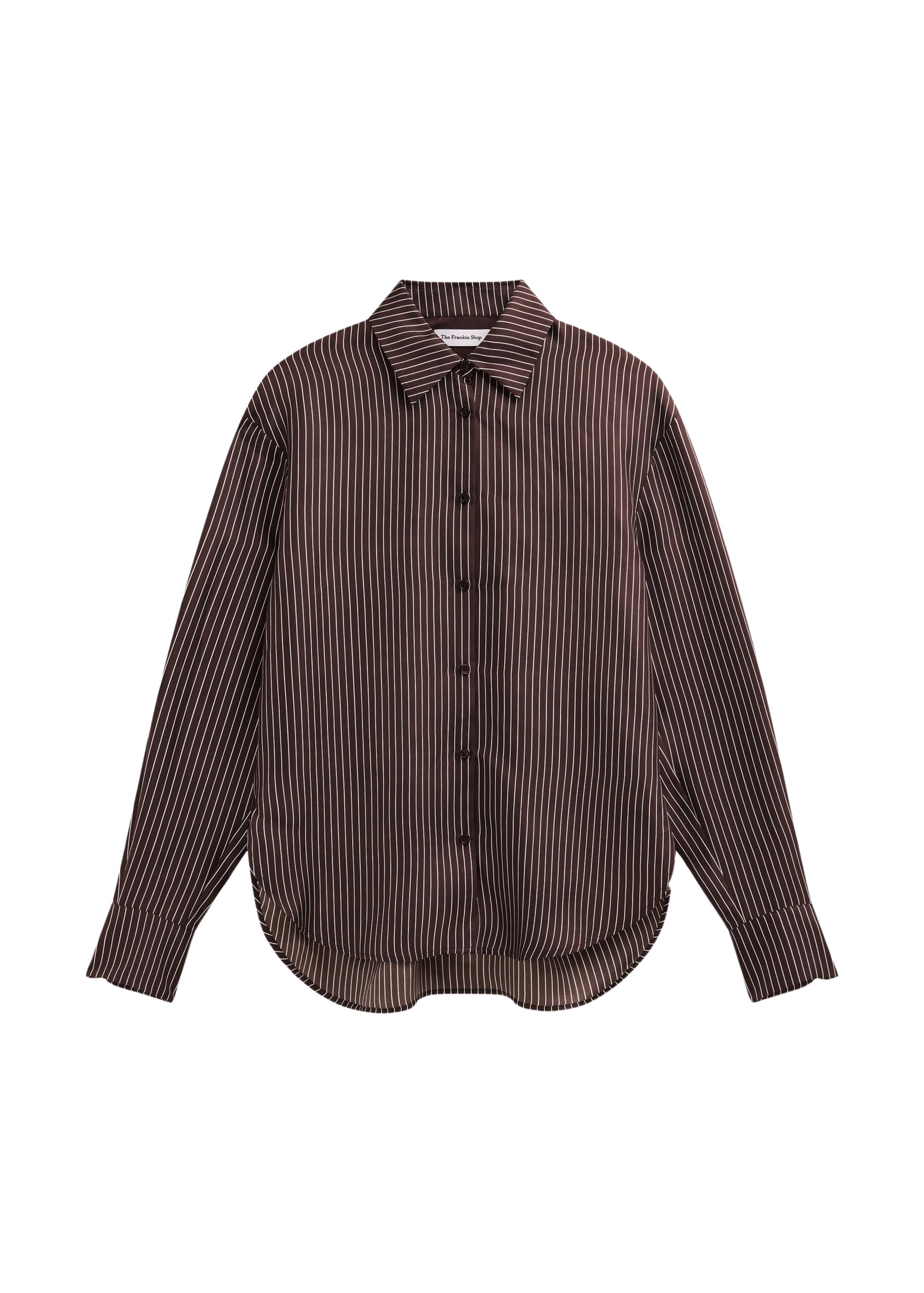 The Frankie Shop Peri Satin Fluid Shirt – Brown/White Pinstripe
