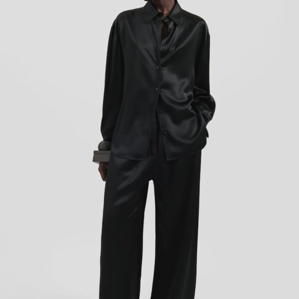 The Frankie Shop Peri Satin Shirt - Black - Oversized Minimalist Tops in Black - Shop at Coveti