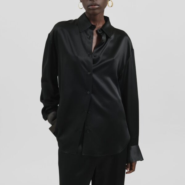 The Frankie Shop Peri Satin Shirt - Black - Oversized Minimalist Tops in Black - Shop at Coveti