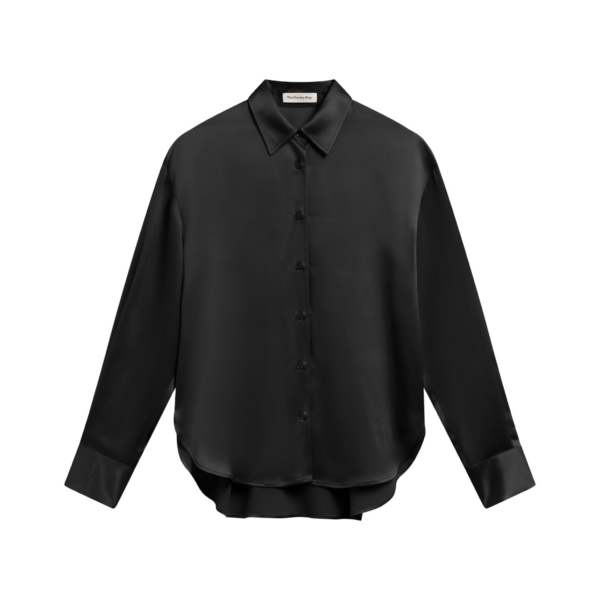 The Frankie Shop Peri Satin Shirt - Black - Oversized Minimalist Tops in Black - Shop at Coveti