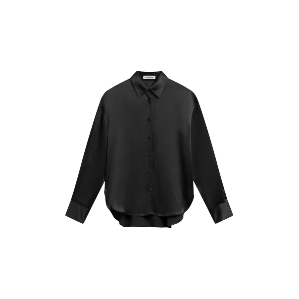 The Frankie Shop Peri Satin Shirt - Black - Oversized Minimalist Tops in Black - Shop at Coveti