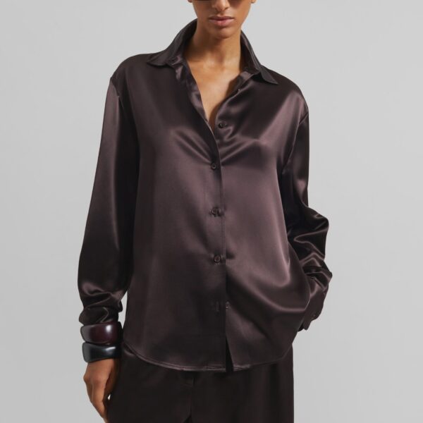 The Frankie Shop Peri Satin Shirt - Brown - Oversized Minimalist Tops in Beige - Shop at Coveti
