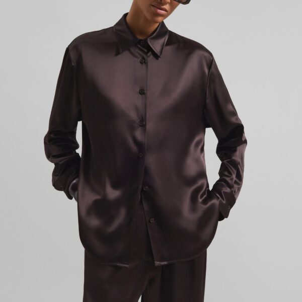 The Frankie Shop Peri Satin Shirt - Brown - Oversized Minimalist Tops in Beige - Shop at Coveti