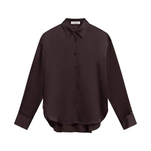 The Frankie Shop Peri Satin Shirt - Brown - Oversized Minimalist Tops in Beige - Shop at Coveti