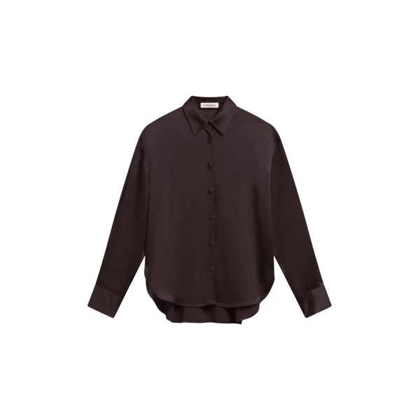 The Frankie Shop Peri Satin Shirt - Brown - Oversized Minimalist Tops in Beige - Shop at Coveti