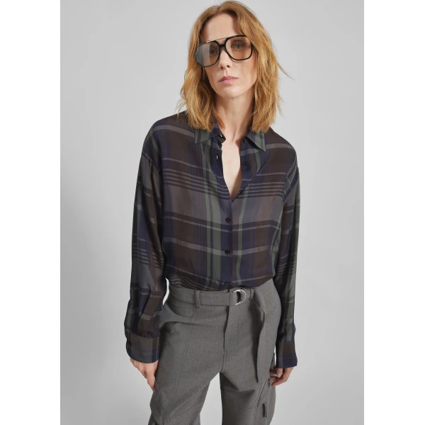 The Frankie Shop Peri Sheer Fluid Shirt – Navy Tartan, view 3