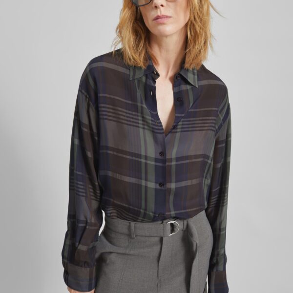 The Frankie Shop Peri Sheer Fluid Shirt - Navy Tartan - Oversized Minimalist Tops in Multicolour - Shop at Coveti