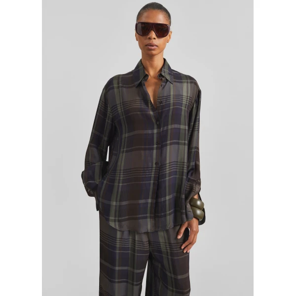 The Frankie Shop Peri Sheer Fluid Shirt – Navy Tartan, view 5