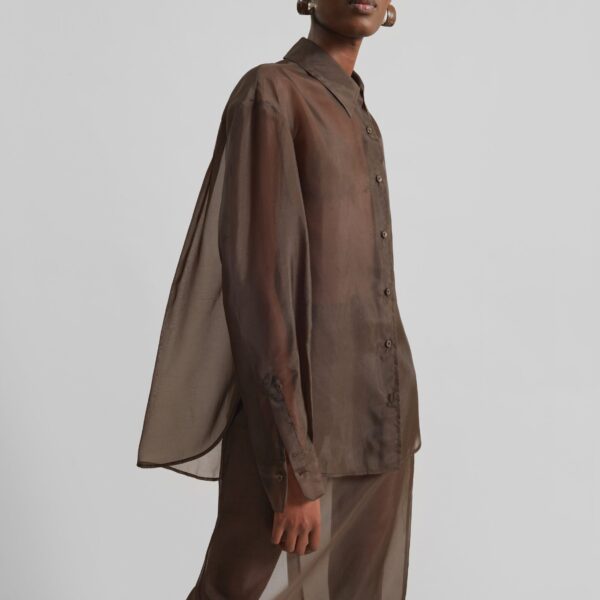 The Frankie Shop Peri Sheer Shirt - Brown - Oversized Minimalist Tops in Beige - Shop at Coveti