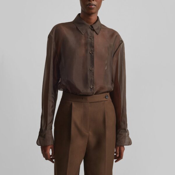 The Frankie Shop Peri Sheer Shirt - Brown - Oversized Minimalist Tops in Beige - Shop at Coveti