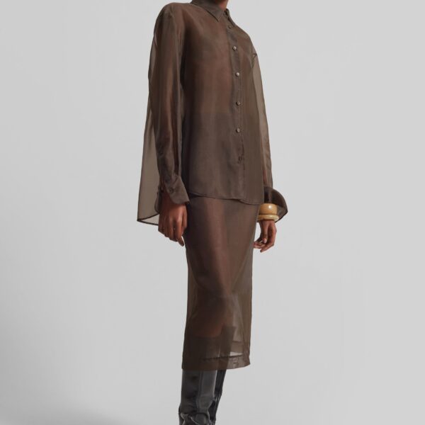 The Frankie Shop Peri Sheer Shirt - Brown - Oversized Minimalist Tops in Beige - Shop at Coveti