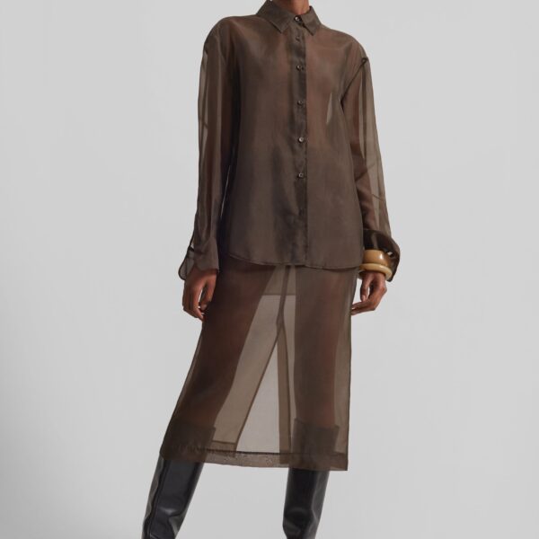 The Frankie Shop Peri Sheer Shirt - Brown - Oversized Minimalist Tops in Beige - Shop at Coveti