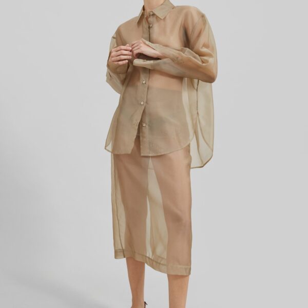 The Frankie Shop Peri Sheer Shirt - Desert Sand - Oversized Minimalist Tops in Beige - Shop at Coveti