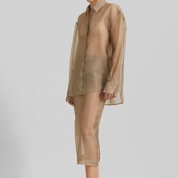 The Frankie Shop Peri Sheer Shirt - Desert Sand - Oversized Minimalist Tops in Beige - Shop at Coveti