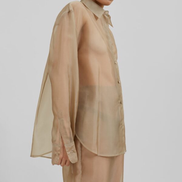 The Frankie Shop Peri Sheer Shirt - Desert Sand - Oversized Minimalist Tops in Beige - Shop at Coveti