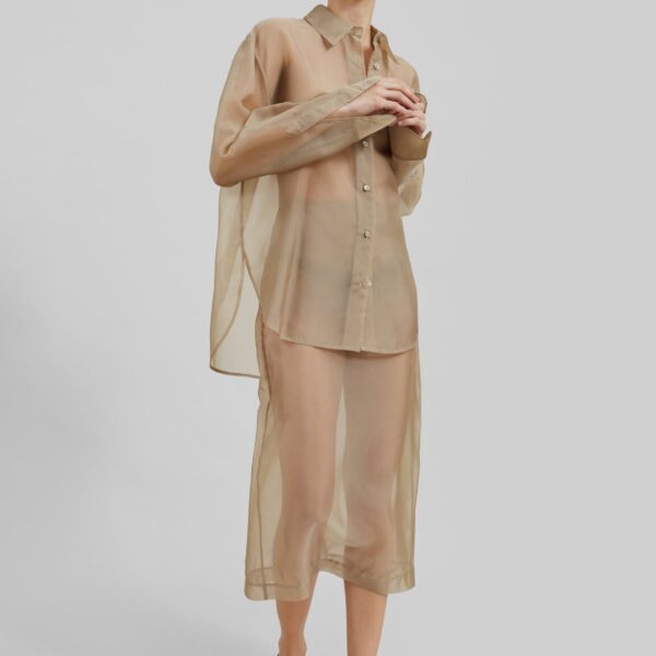 The Frankie Shop Peri Sheer Shirt - Desert Sand - Oversized Minimalist Tops in Beige - Shop at Coveti