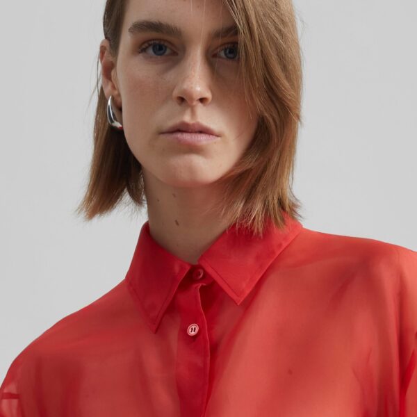 The Frankie Shop Peri Sheer Shirt - Red - Oversized Minimalist Tops in Red - Shop at Coveti